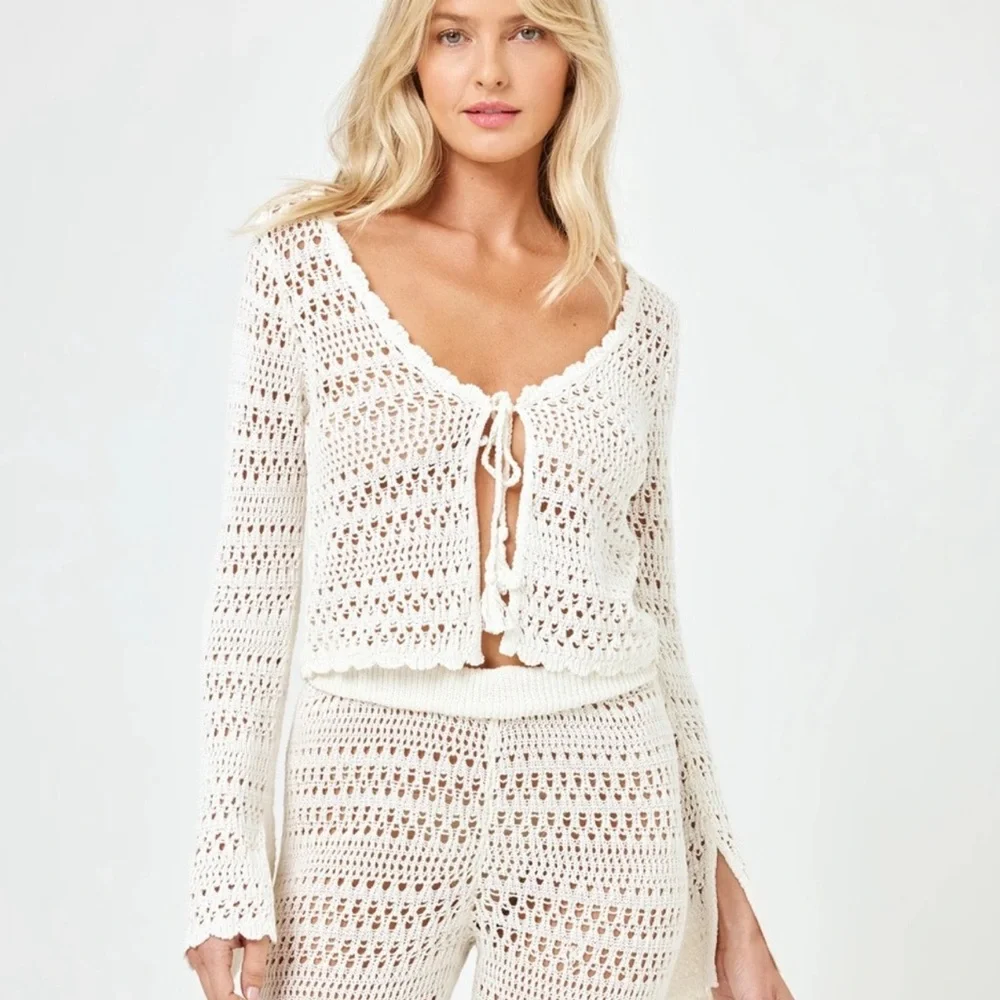 L*Space Golden Hour Cover Up Crochet Top Cream Boho Beach Pool Bell Sleeve XL